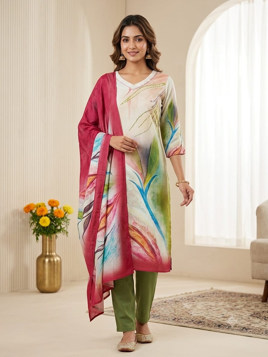 pent-plazzo   stitched suit with duptta 3 ps